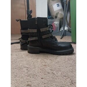Steve Madden Captain Black Leather Combat Boots Rhinestone Bling Straps - Size 6